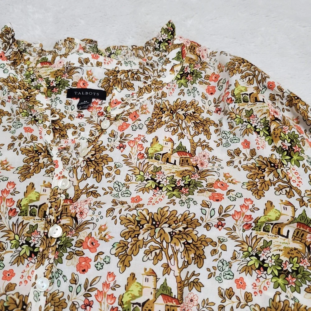 Talbots Cream Tuscan Long Sleeve Blouse Top Medium Classic Office Artsy Eclectic - Picture 2 of 9